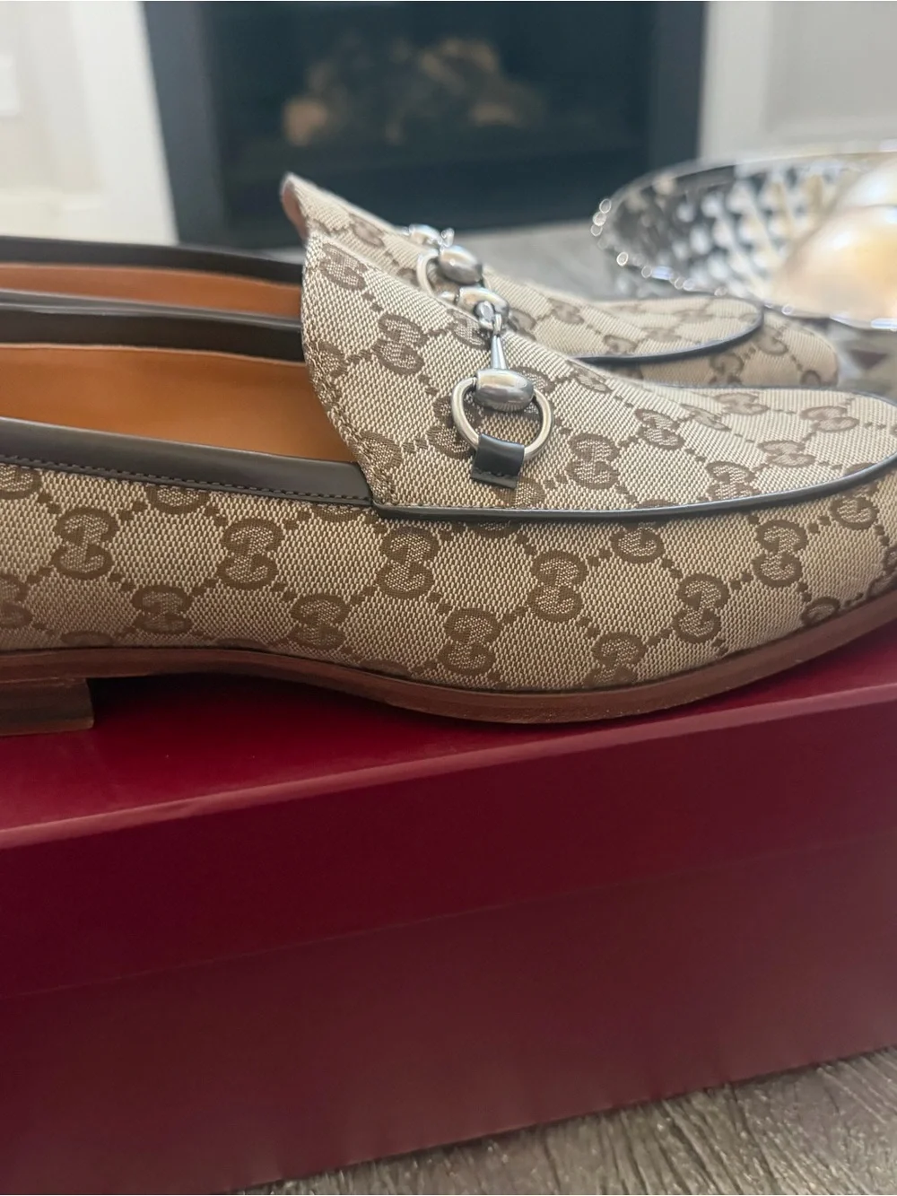 Gucci Beige & Brown Monogram Canvas Horsebit Slip-On Loafers
